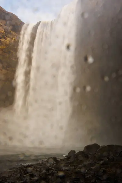 Selective Focus Big Waterfall Iceland Water Stream Running Scandinavian Icy — Stock Photo, Image