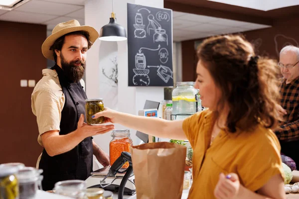 Cheerful Merchant Checkout Counter Zero Waste Shop Selling Vegan Products — Stock Photo, Image