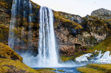 Seljalandsfoss büyük İskandinav Şelalesi ve İzlanda 'daki kayalıklardan akan nehir. Su akıntısının tepelerden aşağı aktığı muhteşem doğal manzara, İskandinav donmuş toprakları.