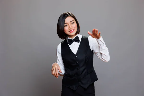 Catering Service Cheerful Smiling Asian Woman Employee Dancing Carefree Joyful — Stock Photo, Image