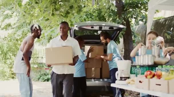 Outdoor Non Profit Food Drive Program Aid Poor Needy Homeless — Stock Video