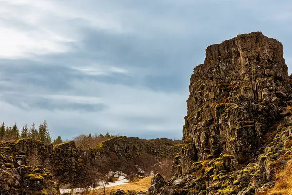 アイスランドの国立公園では 固体石で形成された印象的な高地の端と火山岩の丘を作成しました アイスランドのスカンジナビアのシンヴェーレ渓谷 壮大な自然地域 — ストック写真
