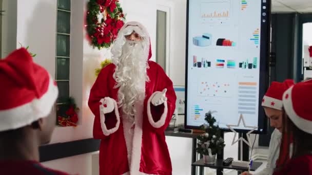 Public Speaker Dressed Santa Claus Doing Presentation Front Company Employees — Stock Video