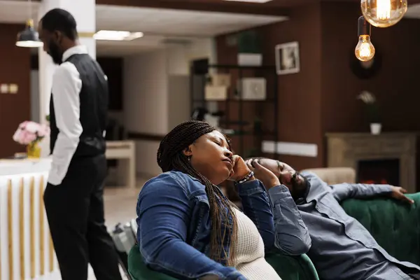 Tired Exhausted African American Couple Fall Asleep Couch Hotel Lobby — Stock Photo, Image
