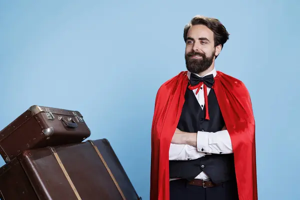 Hotel Porter Acting Superhero Cape Offering Help Guests Trolley Bags — Stock Photo, Image