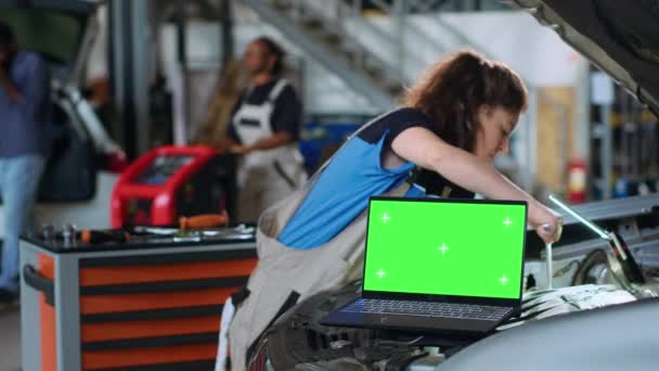 Chroma Key Laptop Garage Workplace Sitting Opened Car Mockup Device — Stock Video