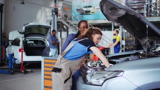 Garajdaki Lisanslı Teknisyen Kalan Yağ Sızıntılarını Çıkarmak Için Arabanın Kaputunun — Stok video