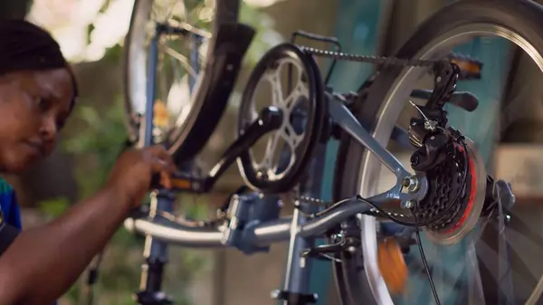 Skillful Youthful Black Woman Doing Maintenance Bicycle Confidently Mending Chain — Stock Photo, Image