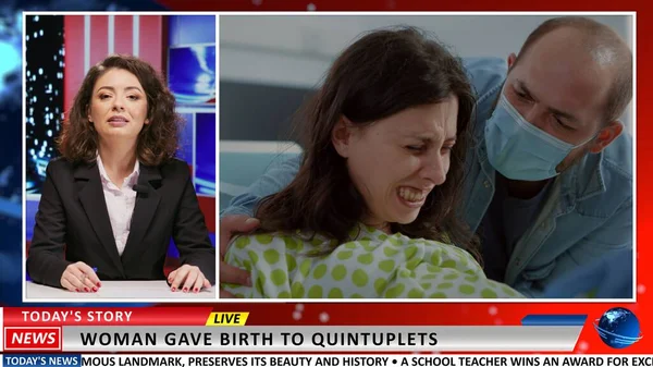 Journalist reporting news about miracle childbirth, presenting newscast about maternity and child delivery. Broadcaster talking about the pain of pregnancy on live tv program.