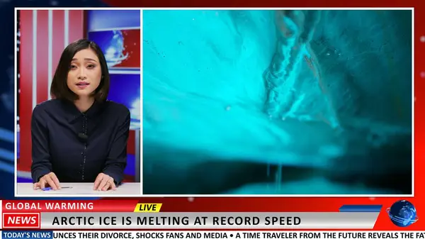 Global warming breaking news reportage worries people aroung the world, climate change issues and melting ice glaciers. Activists trying to preserve environment, woman journalist presenter.