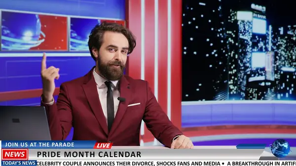 stock image Late night show host on live television presenting hot daily topics and latest celebrities scandals. Man broadcasting reportage about famous people, international tv network content.