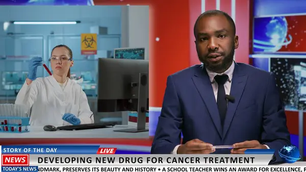 Media presenter shows science experiment, talking about new development in cancer battle. Journalist presenting news about specialist developing drug to treat virus, healthcare updates.
