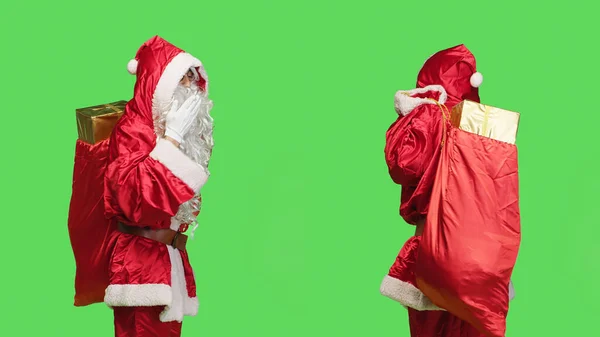 Romantic Man Santa Costume Giving Air Kisses Cute While Carrying — Stock Photo, Image
