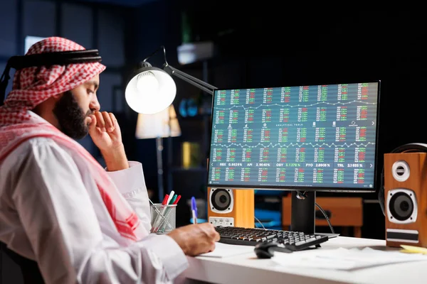 Mellanösterns Man Sitter Sitt Skrivbord Noggrant Forska Och Skriva Ner — Stockfoto