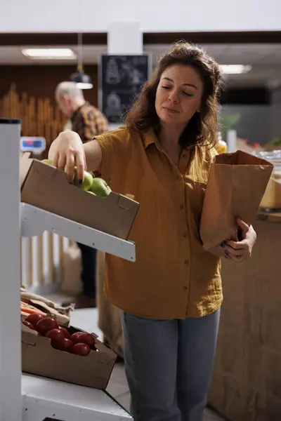 Mujer Tienda Residuos Cero Comprando Verduras Cultivadas Granja Recogiendo Manzanas — Foto de Stock