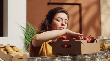 Sürdürülebilir sıfır atık süpermarketindeki vejetaryen kadın alışveriş sepetine koymadan önce elma kokluyor. Mahallenin bakkal dükkanındaki müşteri yerel meyve topluyor.