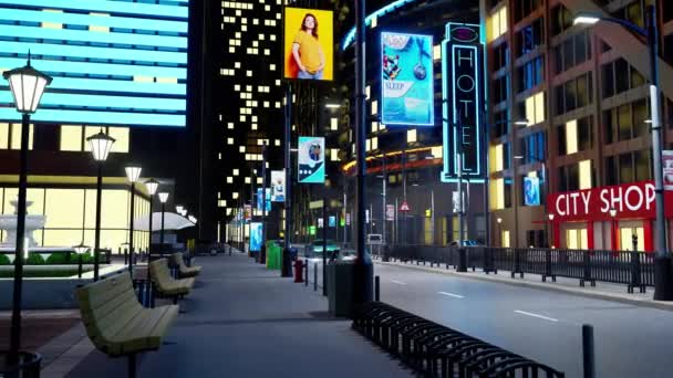 빌딩을 지나가는 자동차와 상업적 표지판과 게시물 렌더링 애니메이션에 거리와 대도시 — 비디오