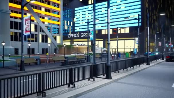 Metropolis Şehir Merkezinde Gece Ofis Binalarının Sokak Reklamlarının Önünden Geçen — Stok video