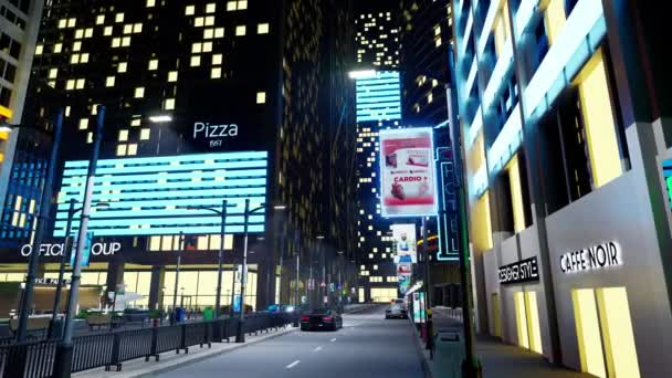 Şehir Bulvarı Geceleri Gökdelenlerin Reklam Panolarının Önünden Geçen Arabalarla Dolu — Stok video