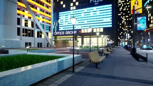 Urban City Boulevard Night Cars Driving Office Buildings Street Ads — Stock Video