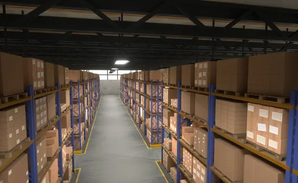 Empty warehouse filled with boxed goods having labels printed on, ready to be shipped to customers worldwide, 3D render. Aerial shot of stockroom shelves full of stacked merchandise parcels