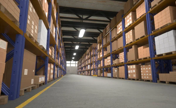 Empty big warehouse filled with cardboard boxes racked on shelves, ready to be shipped to customers worldwide, 3D render. Storage area aisles full of stacked merchandise parcels