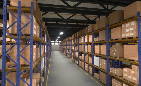 Racks in distribution center filled with cardboard packages ready to be picked up and transported to clients worldwide, 3D render. Warehouse building with shelves full of stowed merchandise wares