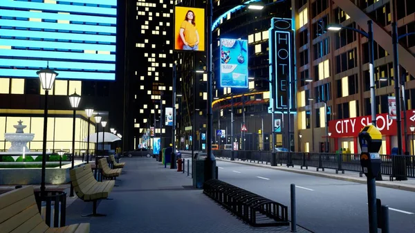 Urban city center at night with cars driving past skyscrapers. Empty metropolitan town with streets illuminated by outdoor advertising and lamp posts, 3d render animation