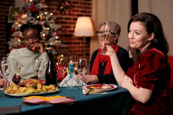Persons Raising Glasses Cheers Christmas Eve Dinner Enjoying Family Time — Stock Photo, Image