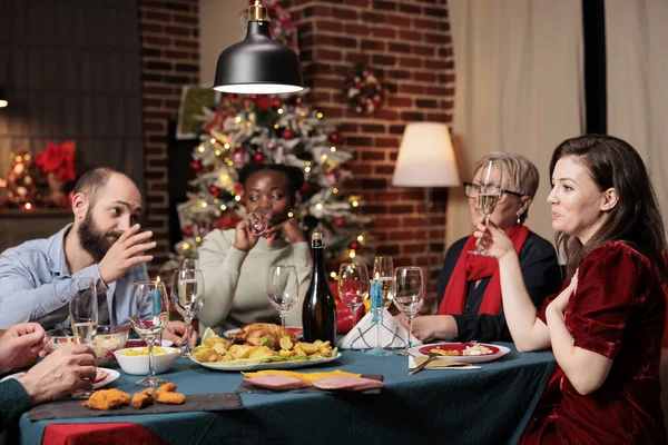 Family Raising Wine Glasses Toast Festive Dinner Enjoying Holiday Time — Stock Photo, Image