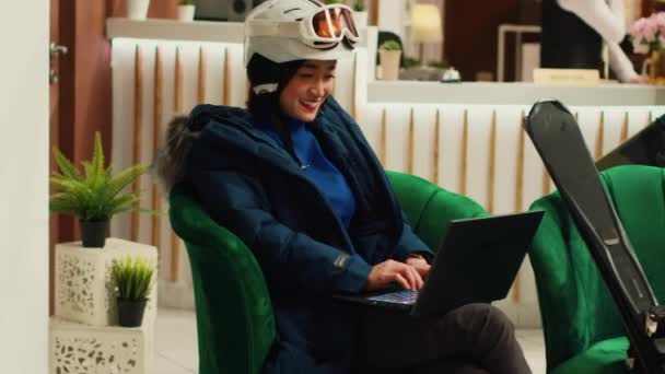 Asian Woman Working Laptop While Wintertime Vacation Mountain Resort Sending — Stock Video