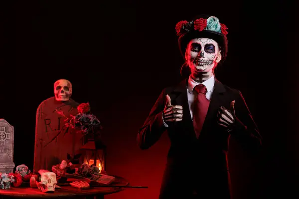 Santa Muerte Model Doing Thumbs Sign Studio Celebrating Traditional Mexican — Stock Photo, Image
