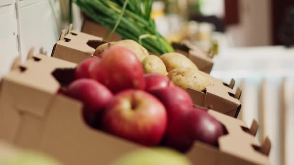 Detailní Oddálení Záběru Ekologického Ovoce Zeleniny Farmářských Regálech Čerstvě Sklízené — Stock video