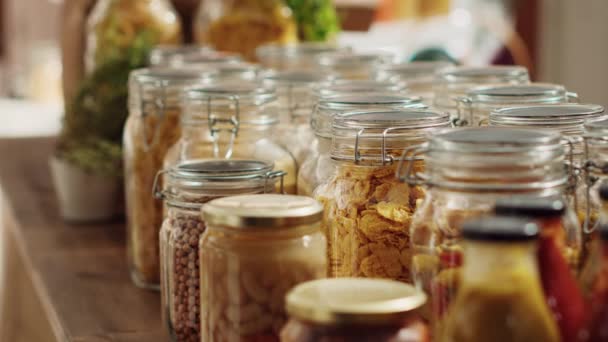 Close Bulk Products Reusable Glass Jars Used Zero Waste Supermarket — Stock Video