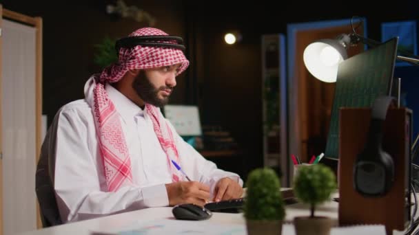 Мусульманский Брокер Инвестор Одетый Ислам Кандору Офисе Проверяет Цифры Финансовой — стоковое видео