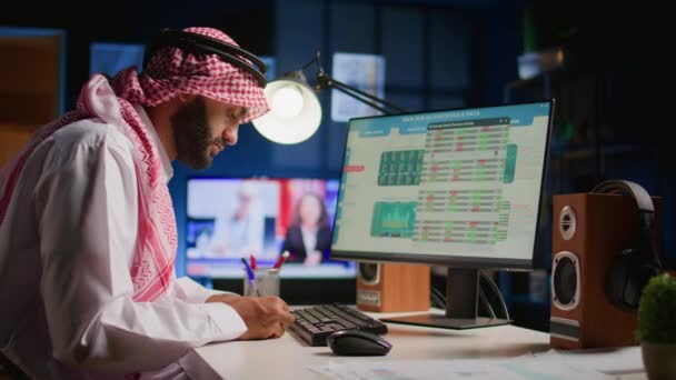 乐观的穆斯林经纪人投资者比较股票交易所估值的财务盈利数字 阿拉伯股东在朦胧的房间里看着市场份额增长图表 注意到了 — 图库视频影像