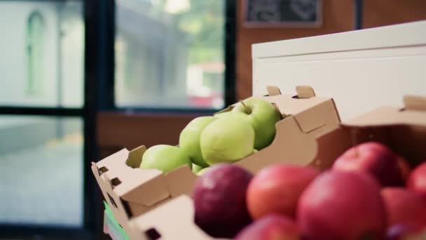 地元の有機エコストア 野菜の木枠の自然な熟したカラフルなリンゴ 環境にやさしい空間で栽培された豊富な化学品フリーアイテム — ストック動画