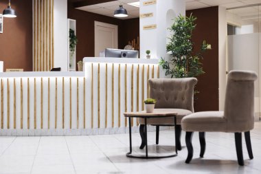 Konuklara giriş ve konaklama konusunda yardımcı olmak için dinlenme odası ve resepsiyonla geniş bir resepsiyon. Boş otel lobisi, kanepe ve mermer zemin, otel kayıt girişi..