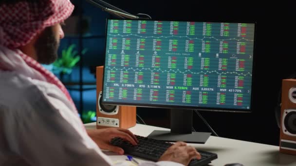 Professional Arab Broker Investor Checking Stock Exchange Valuation Taking Note — Stock Video