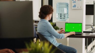 Ofis çalışanı, küçük işletme acentesinde çalışan yeşil ekran bilgisayarını kontrol ediyor. Ekrana bakan kadın, izole edilmiş model şablonunu kromakey kopyalama alanı, birlikte çalışma alanı ile gösterir.