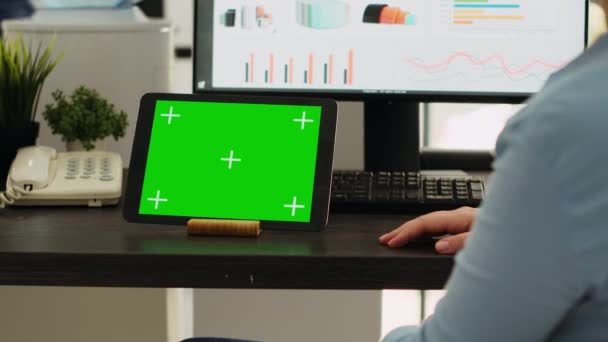 Woman Works Office Desk Uses Modern Gadget Present Greenscreen Display — Stock Video