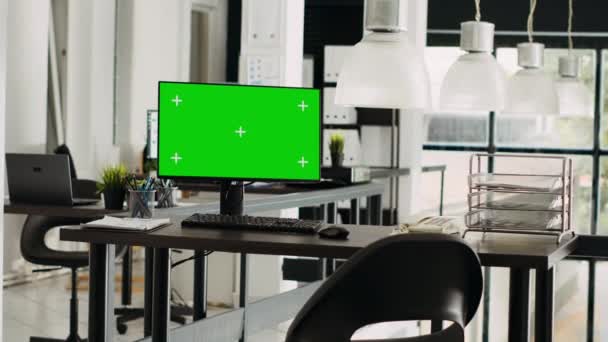 Office Desktop Kör Greenscreen Tom Arbetsstation Digital Marknadsföring Byrå Startup — Stockvideo