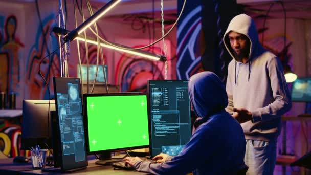 Hacker Using Green Screen Data Breaches Financial Theft Graffiti Painted — Stock Video