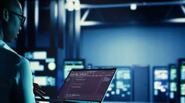 Manager Der Rechenzentrum Überwacht Code Auf Laptop Laufen Lässt Fehlerbehebung — Stockfoto
