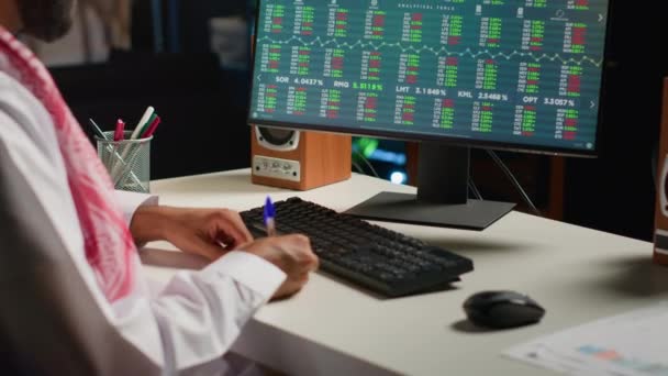 Professionell Arabisk Mäklare Investerare Kontrollera Börsvärdering Skriva Ner Investeringar Finansiella — Stockvideo