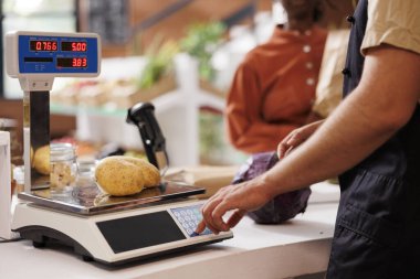 Diligent seller in a small grocery store measures the weight of organic potatoes using an electronic scale. Caucasian man employed as cashier assisting a customer in weighing locally grown potatoes. clipart