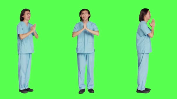 Medical Specialist Praying God Camera Holding Hands Prayer While Stands — Stock Video