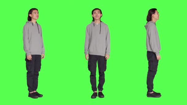 Asian Natural Adult Appears Proudly Camera Smiling Greenscreen Full Body — Stock Video