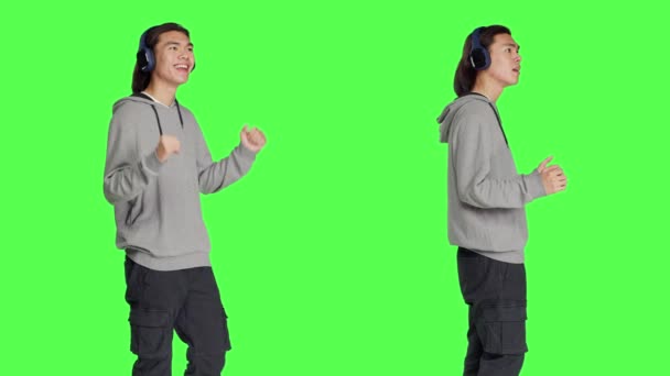 Person Listening Tunes Dancing Studio Audio Headset Having Fun Music — Stock Video