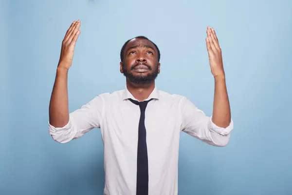 Worried Black Businessman Praying Raising His Hands Humble Gesture Sky — Stock Photo, Image